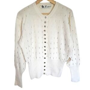 Vintage‎ LL European Cream Beaded Rhinestone Buttoned Wool Blend Cardigan